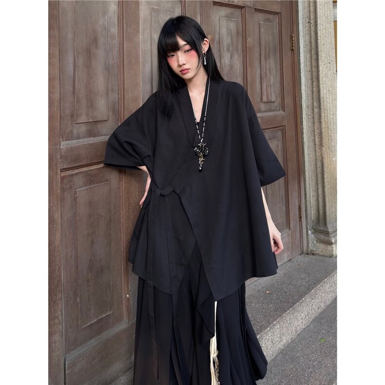 夏季山本耀司风汉服上衣女新中式绑带短袖衬衫外套中性阔腿裤裙,男装T恤,星座506A