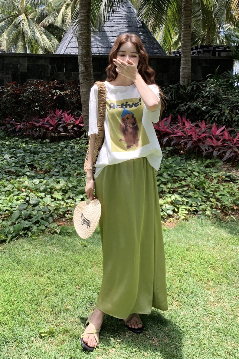 带帽小狗宽松慵懒感印花T恤＋流光缎面A摆百搭气质半身裙套装,女装套装/套裙,2C201