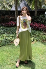 带帽小狗宽松慵懒感印花T恤＋流光缎面A摆百搭气质半身裙套装，女装套装/套裙，2C201