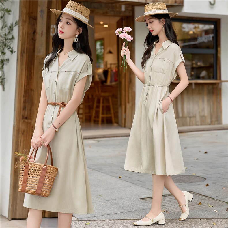 2026夏季新款宽松显瘦轻薄系带中长款女休闲好看高级感连衣裙，女装连衣裙，欧米莱