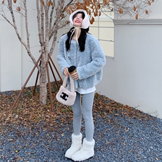 韩系温柔皮毛一体外套女2025冬季甜美浅蓝色加厚保暖软糯毛绒外套，女装皮草，2C056