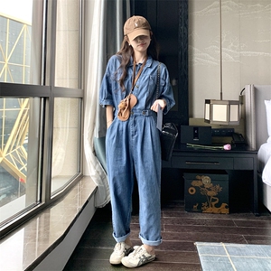 港风时髦复古慵懒风牛仔连体裤女秋季新款小个子松弛感个性阔腿裤图片