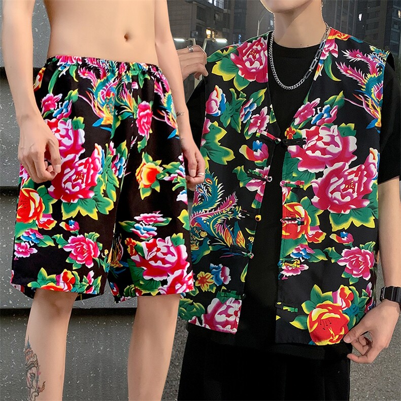 TZ02东北大花民族风风马甲短裤套装大码抖音网红同款汉服男女，男装休闲套装，星座115A(原星座507）