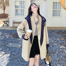 盐甜系格纹拼接连帽风衣外套女2025秋季新款学院风宽松小个子大衣，女装风衣，慧尚依恋