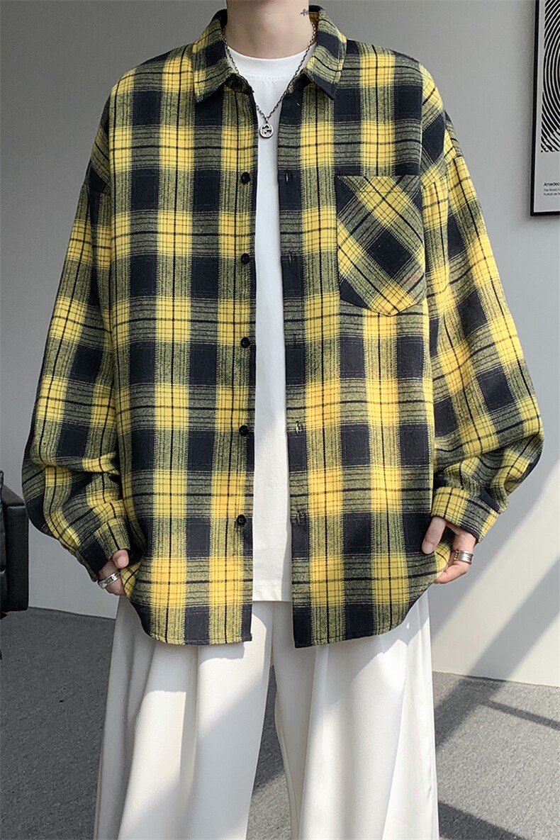 衬衫男春季新款港风宽松大码磨毛格子长袖衬衣CS6638-特P29,男装衬衫,星座214-3