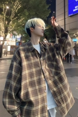 衬衫男春季新款港风宽松磨毛格子长袖衬衣CS601-特P27无差价，男装衬衫，星座214-3