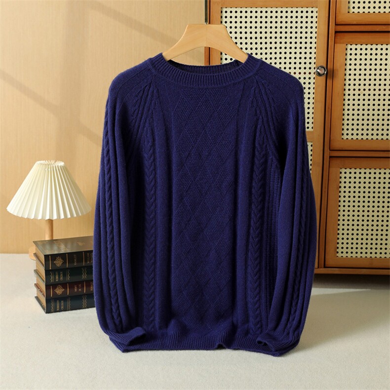 男士秋冬厚实保暖羊绒套头衫简约百搭经典麻花编织设计高领毛衣，男装羊绒套衫，奥千羊绒
