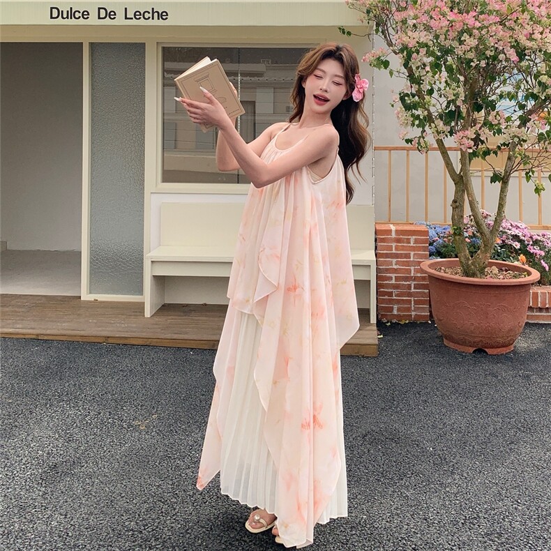 粉色温柔风雪纺印花吊带裙女夏季新款甜妹绝美仙气别致森系连衣裙,女装连衣裙,蝶眷