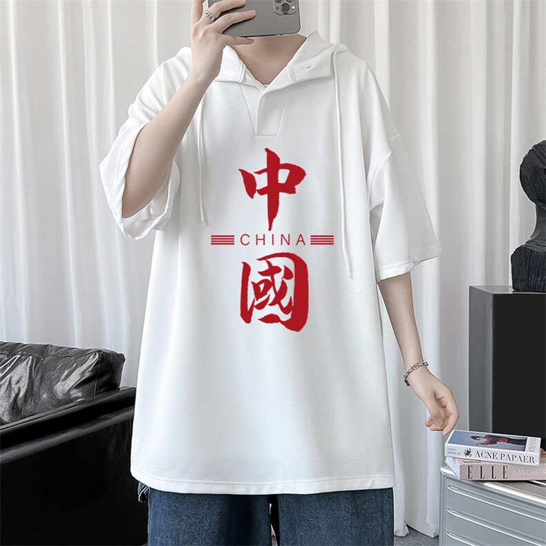 LD54198-P45 连帽短袖t恤男大码胖子带帽五分袖中袖图片
