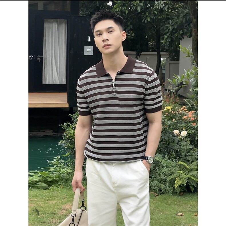网图横向条纹针织衫短袖polo衫轻薄透气 F6186-P55图片