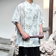 真棉麻现货！斜门襟风复古汉服盘扣立领短袖衬衫T恤CS35-P65，男装T恤，电商A021