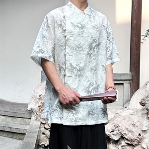 真棉麻现货！斜门襟风复古汉服盘扣立领短袖衬衫T恤CS35-P65图片