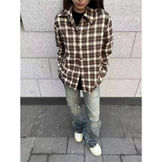 春秋新款下摆流苏破坏衬衣男女经典基础翻领复古格子衬衫外套上衣，男装衬衫，星座516A