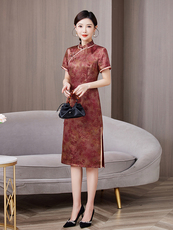 2025年夏季新品时尚气质金丝提花香云纱品质真丝喜庆中长款旗袍裙，女装汉服/婚纱/旗袍/礼服，媚琳依坊