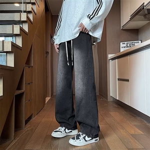 拼接潮牌牛仔裤男秋季cleanfit阔腿裤子复古宽松直筒长裤 N7076图片