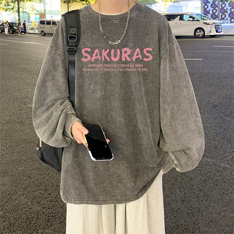 直播品质重磅纯棉美式蜡染水洗做旧潮牌宽松长袖t恤CT313特P38,男装T恤,电商A486