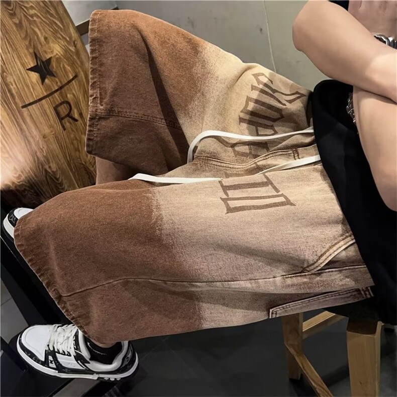 美式高街牛仔短裤男韩版潮字母渐变色2023夏季ins五分裤RK706-P41,男装牛仔裤,星座412-3