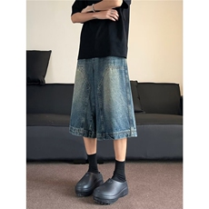 复古水洗拼接牛仔短裤男女夏季款阔腿做旧休闲百搭七分裤N0061，男装牛仔裤，星座1116A（原606A-3）