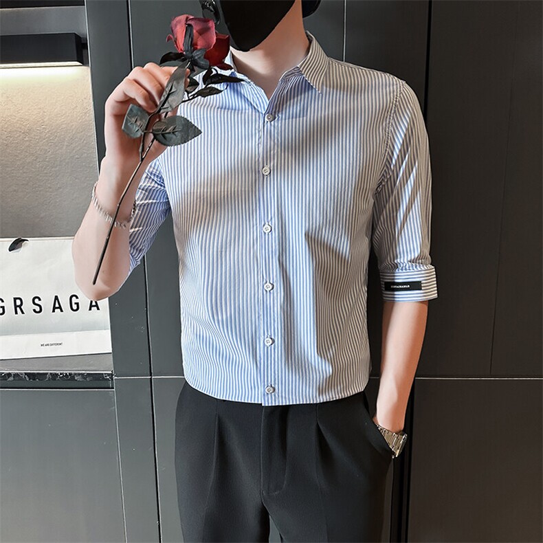 夏季男士七分袖条纹衬衫男休闲修身休闲衬衣A236-C667-P55图片