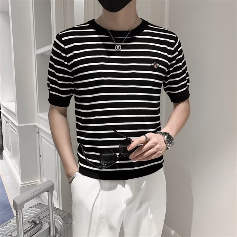 条纹短袖针织衫男春夏休闲线衣T恤男蜜蜂刺绣潮流半袖衣服男S247,男装T恤,星座1116A-2（原606A-1）