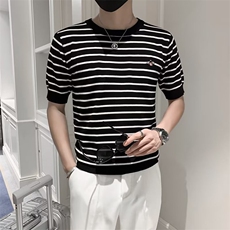 条纹短袖针织衫男春夏休闲线衣T恤男蜜蜂刺绣潮流半袖衣服男S247，男装T恤，星座1116A-2（原606A-1）