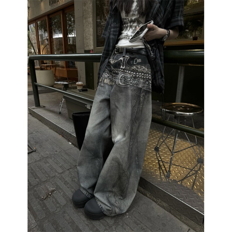 腰带印花美式复古弯刀裤松弛感镰刀裤牛仔裤男2025年新款Q108P55，男装牛仔裤，电商D256-3(原A064-3)