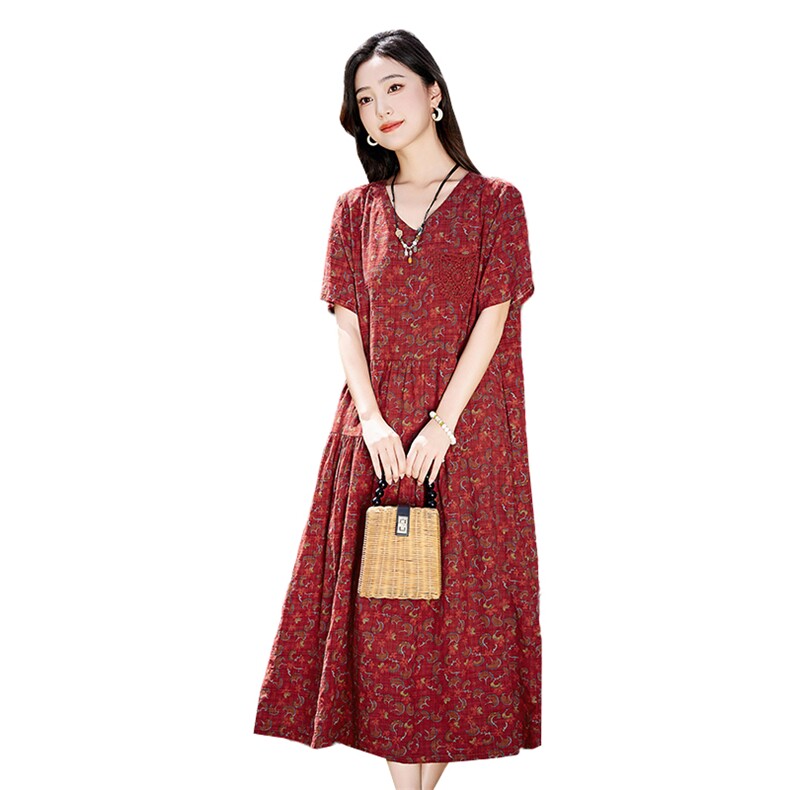 复古小碎花棉麻连衣裙女中长款2025夏季新款宽松显瘦中年妈妈裙子,女装连衣裙,倪叶myz