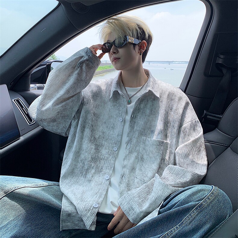 衬衫男秋季新款港风宽松大码扎染肌理感长袖衬衣CS7012-P38，男装衬衫，星座214-3