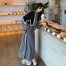 灰色条纹设计感拼接外套半身裙套装女春季新款学院风工装裙两件套，女装套装/套裙，2C239
