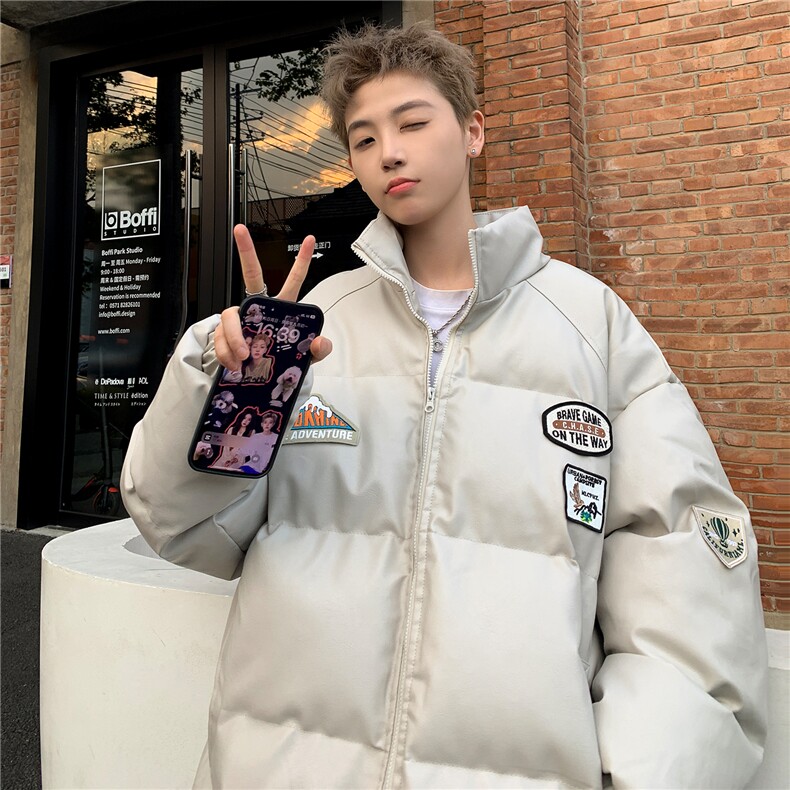 23冬装新款美式复古徽章皮棉服pu情侣棉衣面包服外套男D333P118，男装棉衣，电商A335-1（原A458）