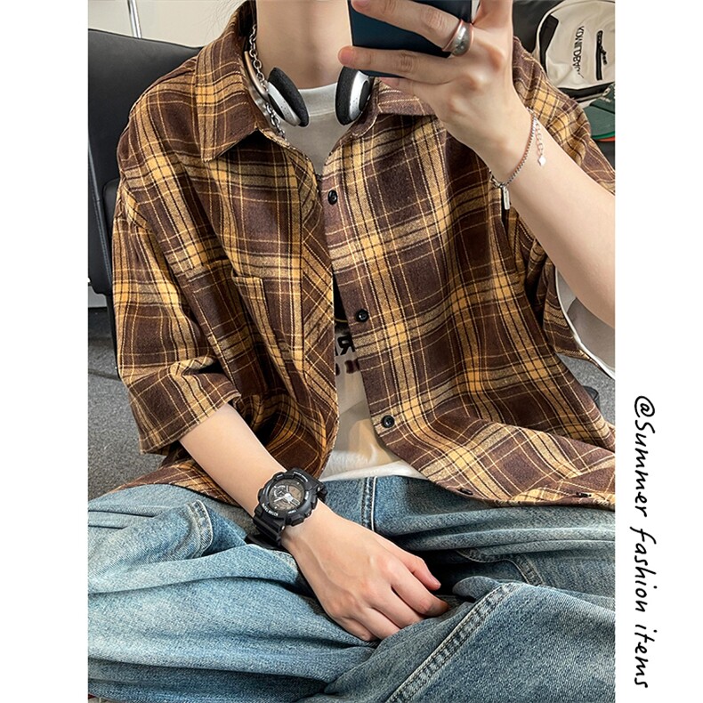 夏季潮流复古格子大码原创贴标休闲男短袖衬衫C2175-P27,男装T恤,电商A007