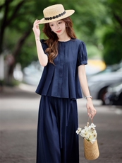 春夏设计感捏褶泡泡袖气质减龄短袖上衣阔腿裤休闲通勤套装女，女装套装/套裙，水衣源