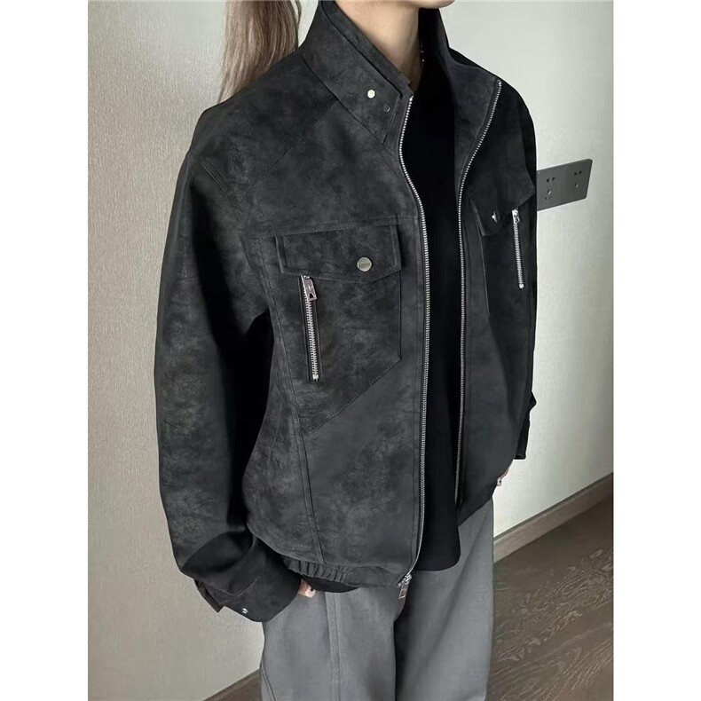 新款美式PU皮夹克男春秋情侣黑武士立领外套工装冲锋衣机车服皮衣，男装皮衣，星座1210-1