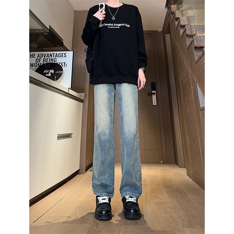 现货主推渐变复古蓝微喇直筒松紧腰休闲牛仔裤男女K5809-P50控69,男装牛仔裤,星座205