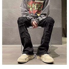 破洞毛边牛仔裤男春夏ins高街修身直筒裤潮牌牛仔裤G856-P42，男装牛仔裤，星座1001-1