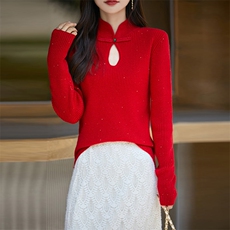 亮片抽条羊毛衫2024年秋季立领纯色羊毛上衣，女装羊毛衫，鹿一羊绒