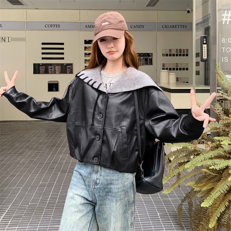 设计感复古皮衣外套女2025秋季新款韩里韩气氛围感连帽拼接皮夹克,女装短外套,2C283