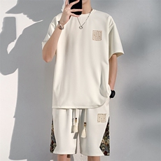 T恤套装男夏季刺绣休闲运动两件套短裤拼接薄款A266-TZ7758-P48，男装牛仔裤，电商A266