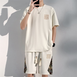 T恤套装男夏季刺绣休闲运动两件套短裤拼接薄款A266-TZ7758-P48图片