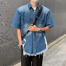 牛仔衬衫男破洞高街帅个性2023夏季新款ins宽松百搭外套CY448-P50，男装衬衫，星座412-3