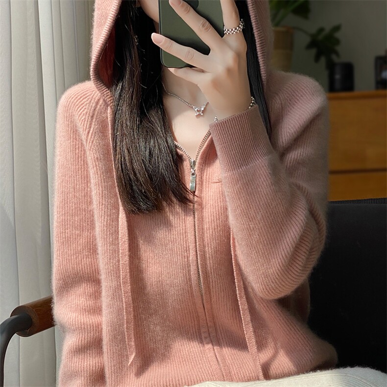 纯色长袖开衫羊毛2024年秋季连帽拉链羊毛针织衫,女装羊毛衫,暖圣羊羊绒