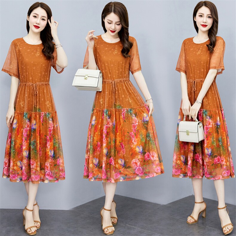 夏季女装新款时尚洋气度假风冰丝网孔提花腰带收腰大码连衣裙，女装大码女装，缘衣格