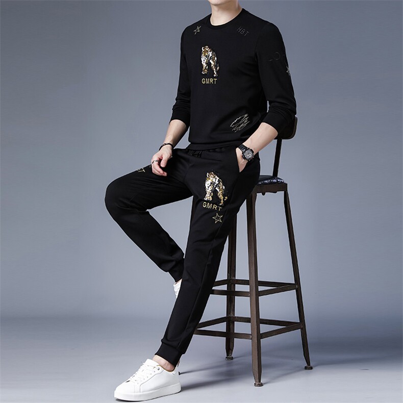 2023春秋季新款男式休闲套装圆领长袖T恤中青年长裤运动两件套，男装休闲套装，电商B212（原钱塘6029）