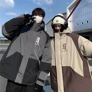 EQ338 拼色连帽字母印花冬季加厚工装棉衣外套男女情侣装2024新款图片