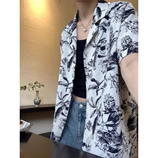 日系慵懒风短袖碎花衬衫女夏季薄款宽松百搭复古学生上衣C209，男装T恤，星座1116A（原606A-3）