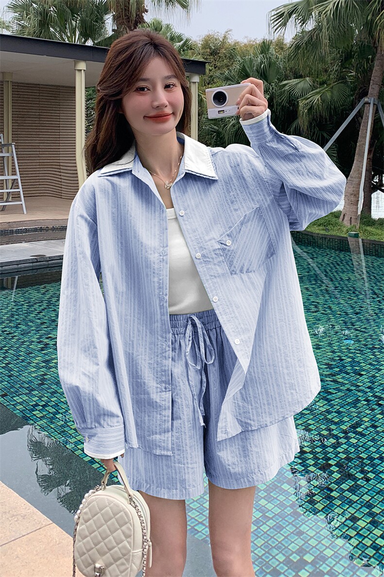 条纹拼接衬衫短裤套装女春秋2025新款多巴胺色流行超火两件套减龄,女装套装/套裙,蝶眷