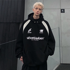 潮情侣美式复古撞色拼接插肩袖卫衣重磅连帽卫衣男W91-P78，男装卫衣，电商C307