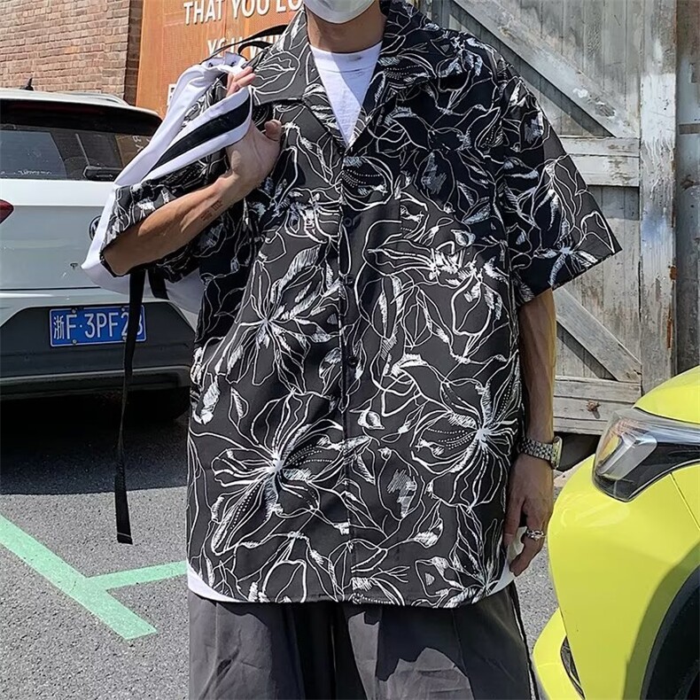 夏季短袖衬衫男黑色休闲七分袖寸衫上衣2024新款潮流宽松冰丝衬衣,男装衬衫,星座601-2