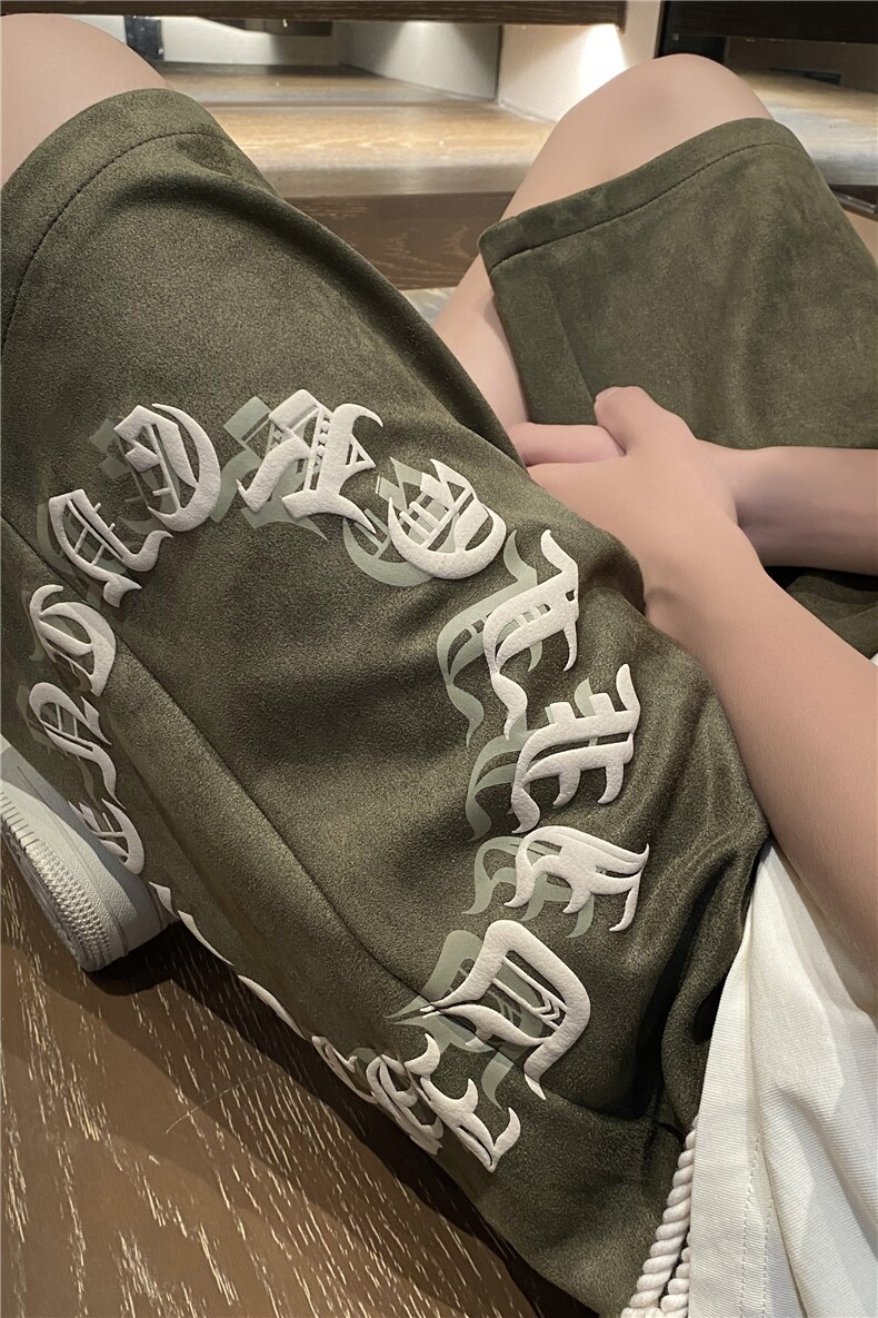 麂皮绒宽松休闲中裤抖音爆字母发泡印花短裤B315-K23247-p45控58,男装休闲裤,电商B315