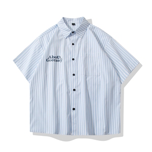 B413-1-DX018港风休闲复古短袖衬衫男宽松百搭潮流日系印花衬衣服图片
